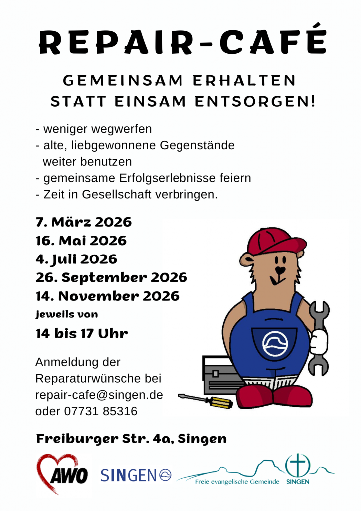 Plakat mit Terminen für Repair-Café 2026, Text zu gemeinsamer Wiederverwendung und Kontaktinformationen, rechts eine Illustration eines Bären mit roter Mütze, blauer Latzhose und Schraubenschlüssel in der Hand.