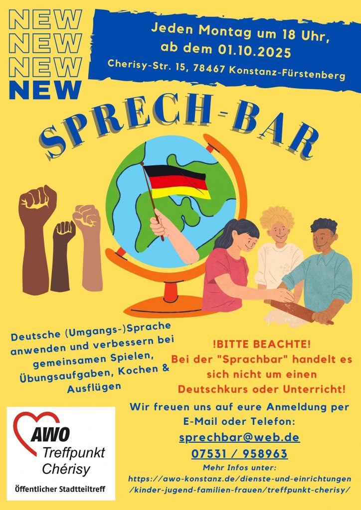 Illustration mit erhobenen Fäusten in verschiedenen Hautfarben, einer Weltkugel mit Deutschlandflagge und drei Personen im Gespräch, Text zu Sprachbar und Kontaktinformationen.