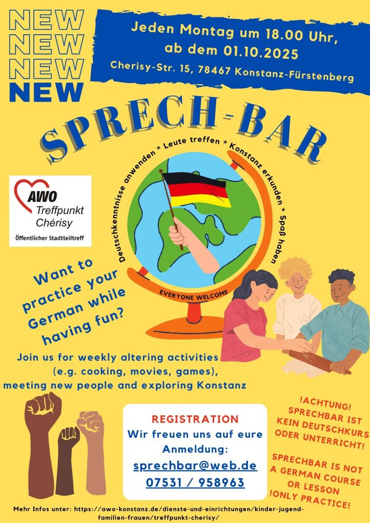 Poster for 'Sprech-Bar' German practice event starting October 1, 2025, Mondays at 6 PM, at Cherisy-Str. 15, Konstanz-Fürstenberg. Features a hand holding a German flag over a globe, raised fists symbolizing empowerment, and text inviting people to practice German through activities like cooking and games. Registration email and phone number provided.
