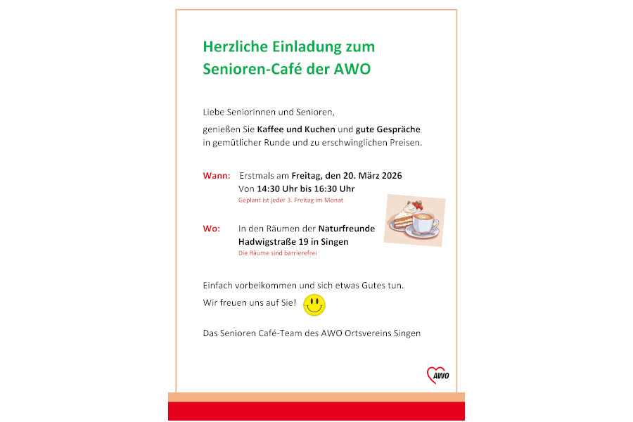 Einladungsflyer zum Senioren-Café der AWO mit Termindetails, Ort und Hinweis auf barrierefreie Räume sowie einem Bild von Kaffee und Kuchen.