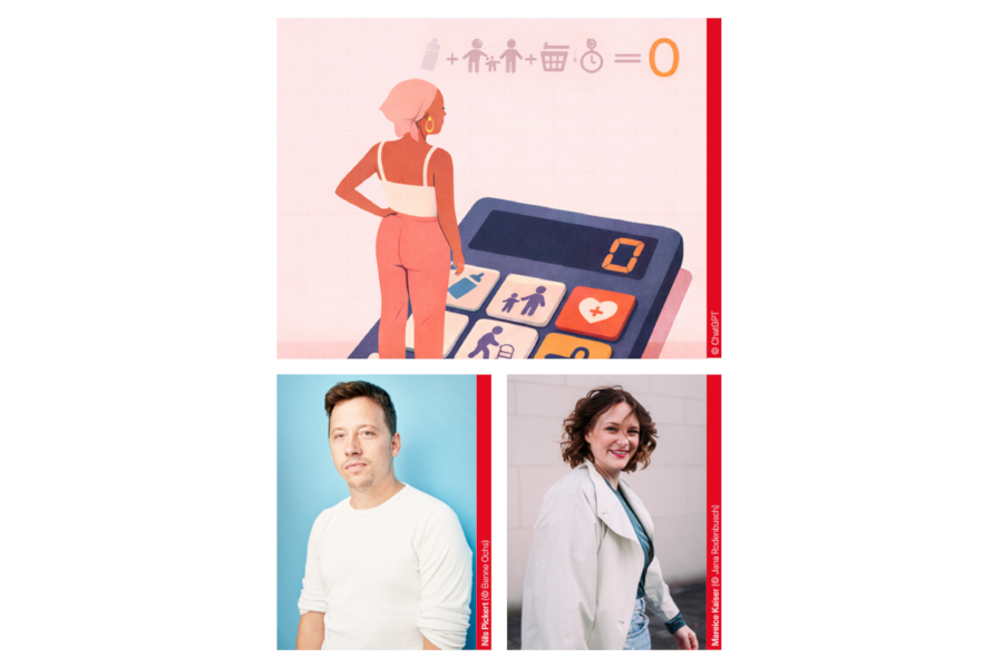 Infografik mit dem Titel 'FAIRrechnet! Wer bezahlt für Care-Arbeit' zeigt eine stilisierte Person, die auf einem übergroßen Taschenrechner steht, darunter Fotos von Nils Pickert und Mareice Kaiser.