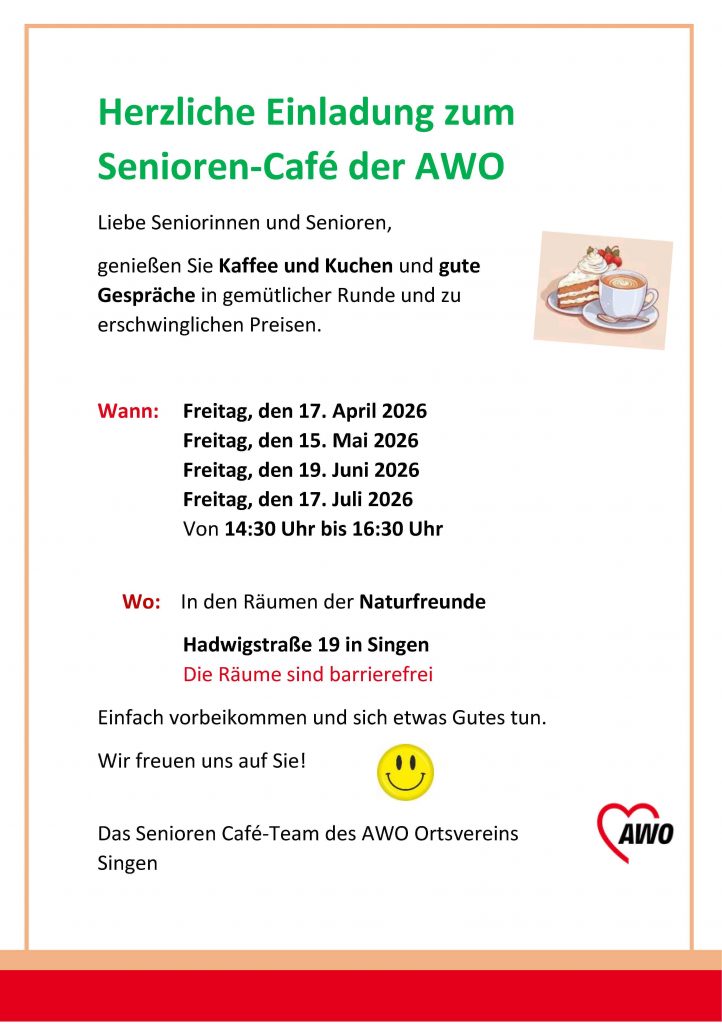 Einladung zum Senioren-Café der AWO mit Terminen im April, Mai, Juni und Juli 2026, Uhrzeitangabe, Adresse Hadwigstraße 19 in Singen, Hinweis auf barrierefreie Räume, gelbes Smiley und AWO-Logo in Herzform