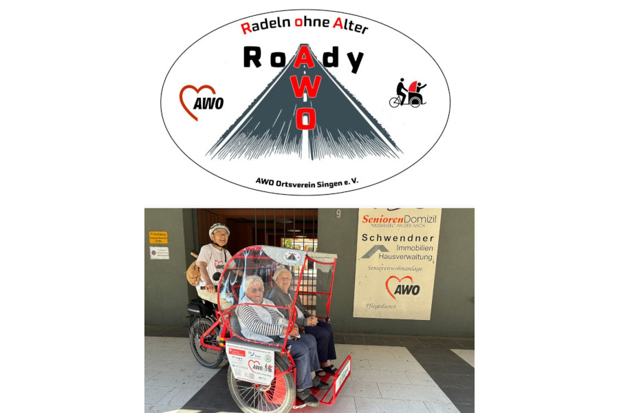 Logo von Radeln ohne Alter Singen. Darunter: Drei Personen sitzen in einer roten Rikscha vor einem Gebäude mit einem Schild für SeniorenDomizil und AWO