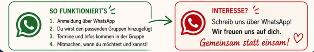 Zwei nebeneinander stehende Textfelder mit WhatsApp-Logo, links grün mit Anleitung zur Nutzung, rechts rot mit Einladung zur Kontaktaufnahme