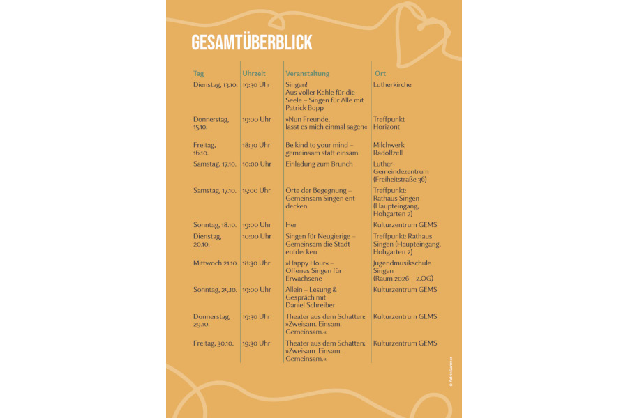 Übersichtstabelle mit Wochentagen, Uhrzeiten, Veranstaltungsnamen und Orten auf orangefarbenem Hintergrund mit Herzlinienzeichnung.